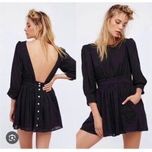 Free People Black Mini Dress Low Back Buttons High Neck‎ Long Sleeve